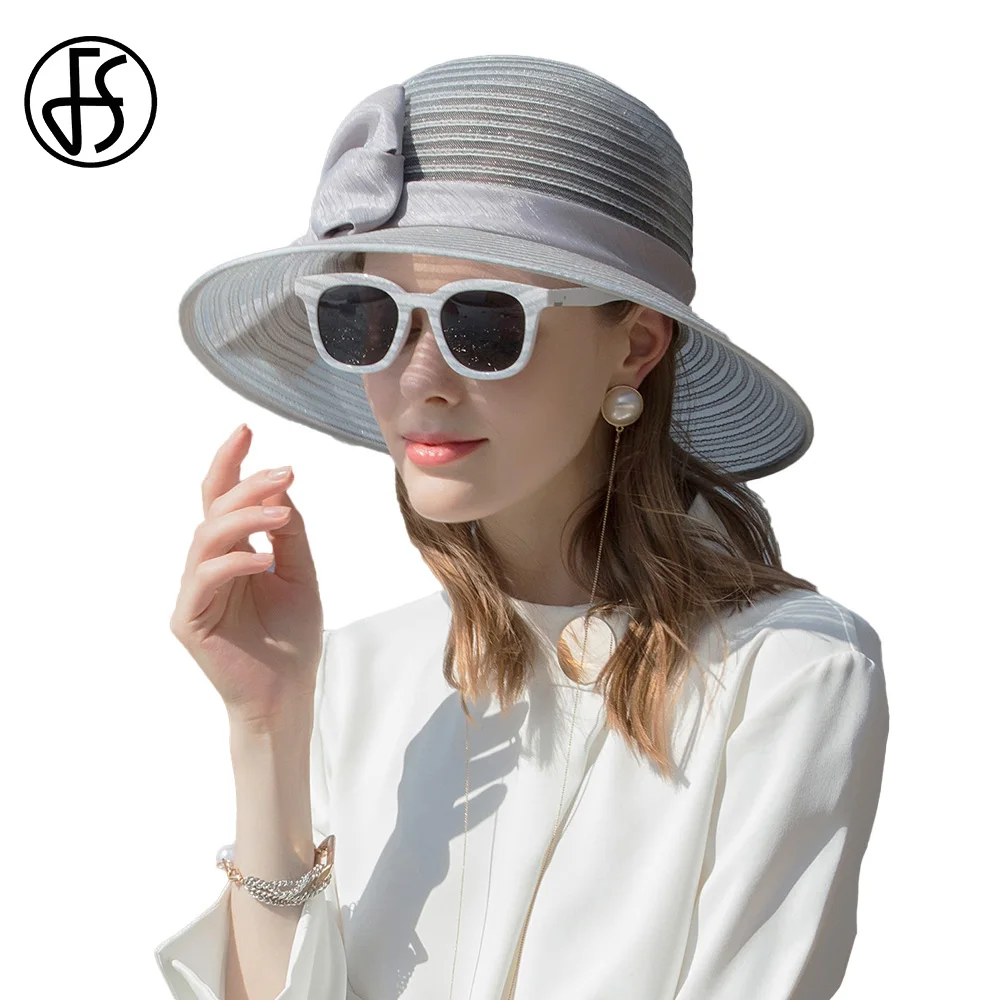 

FS Summer Women Silvery Grey Sun Visors Hat With Bow Black Foldable Beach Fedoras Ladies Beige UV Protection Cap Female 2023