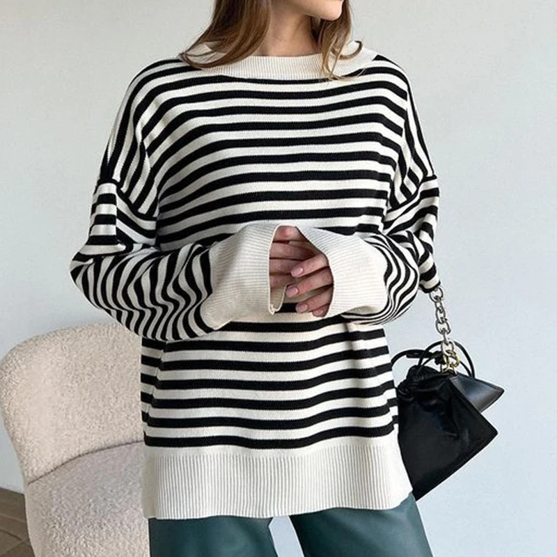 

Striped Sweater Pullovers O Neck Long Sleeve Knitted Casual Autumn Winter Women Tops Fashion Clothes Loose