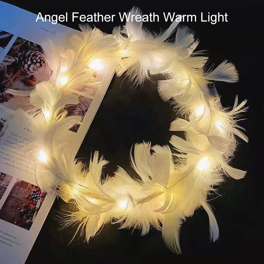 LED Feather Wreath Crown Headband,Light-Up Angel Halo Headband, Luminous Headdress for Women Girls Wedding Christmas Glow