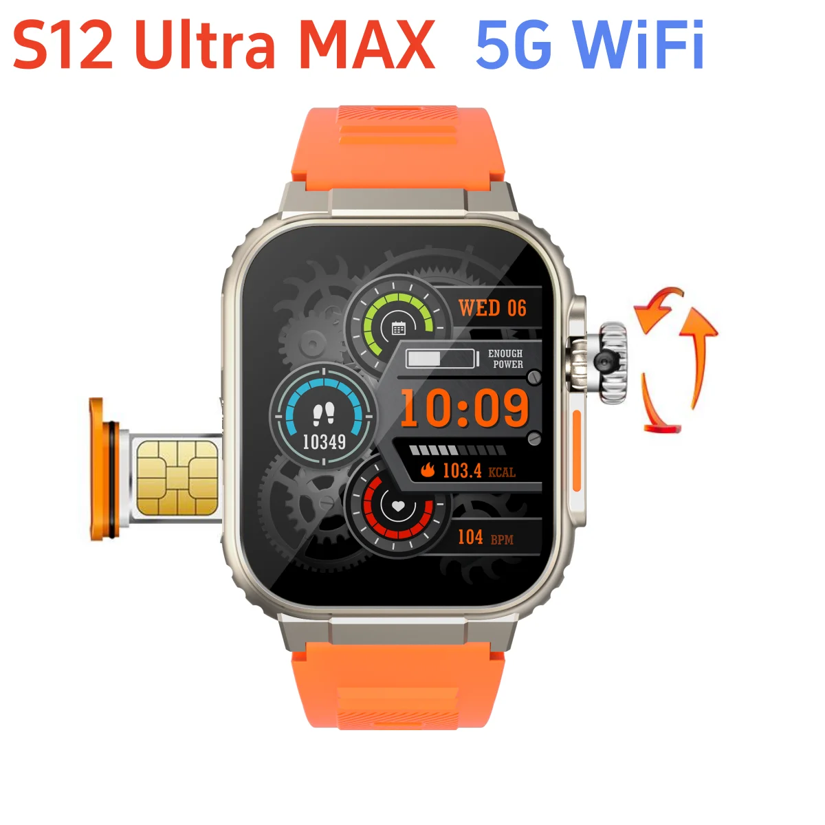 S12 울트라 맥스 스마트워치 5G LTE 안드로이드 12.0 2.29인치 AMOLED 디스플레이 스마트워치 (190) °   회전식 카메라 SIM 카드 슬롯 GPS 5G WIFI