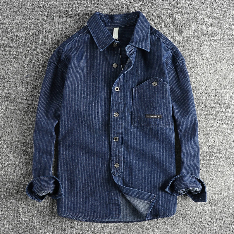 Denim Shirt Fashionable men's vintage washed pinstripe denim long-sleeved shirt spring and autumn American cargo casual denim shirt,long sleeved shirt