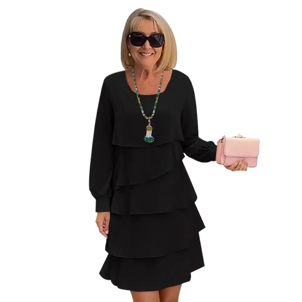 Women Long Sleeve Ruffle Layered Party Holiday Dress