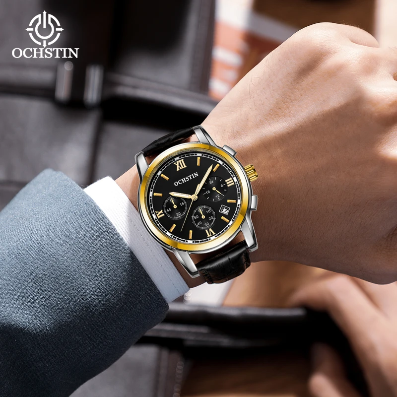 OCHSTIN Prominente Series Multi-functional Quartz Watch Commuter Leisure 30 Meters Life Waterproof Gold Shell Mens Quartz Clock
