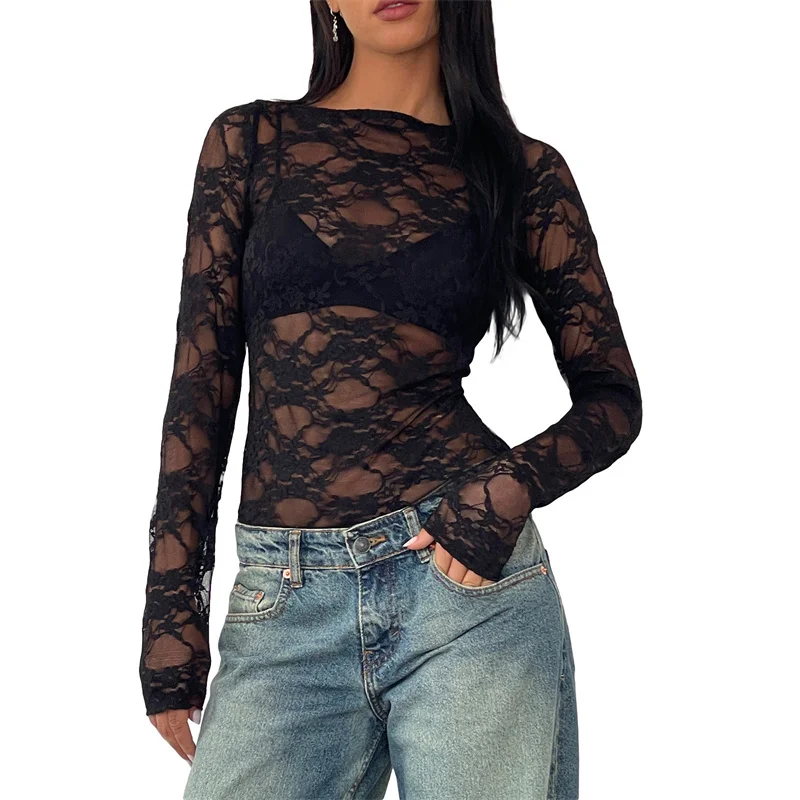 

Musuos Tie-Up Backless Floral Lace Crop Tops Women Hollowed See Through Grunge Streetwear Long Sleeve O Neck Slim Shirt Blouse