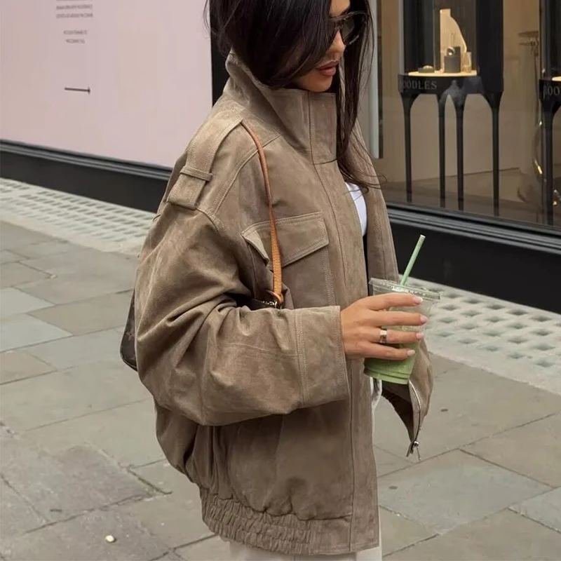 TFMLN Women Winter Thicken Bomber Jackets Vintage Suede Pockets Coats Casual Pocket Zipper New Warm Jacket