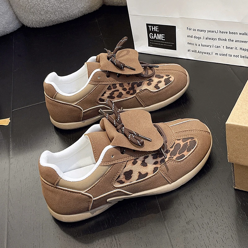Leopard Brown Vintage Vulcanized Shoes Letter Printed Sports Falts Patchwork Lace-up Streetwear Sneakers Casual Shoes For Women 3