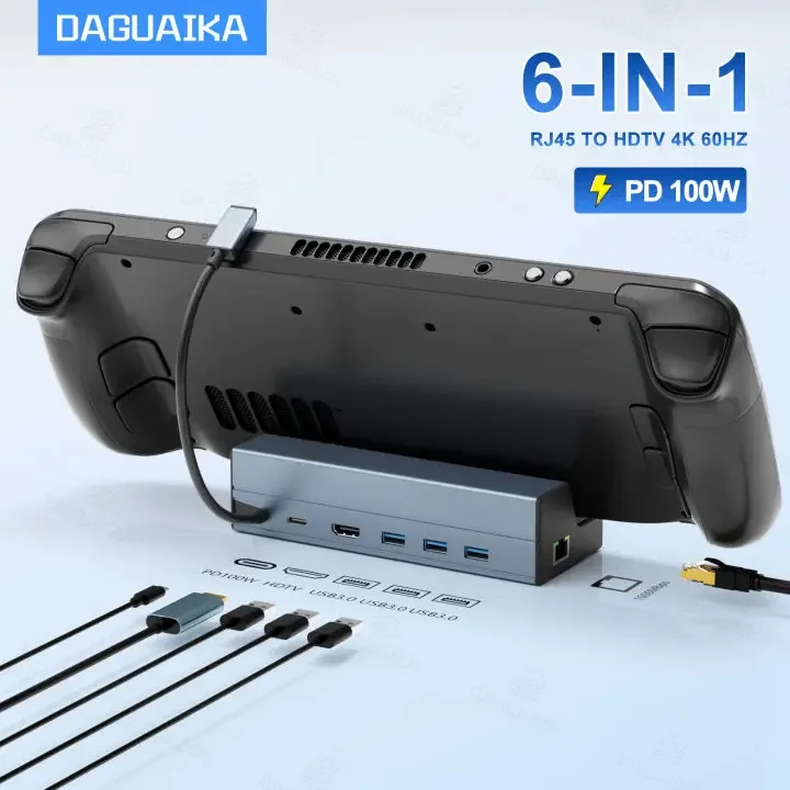 Steam Deck 6 in 1 Dock Rog Ally Docking Station Stand 3*USB 3.0 HDTV 4K@60Hz Gigabit Ethernet PD 100W Hub