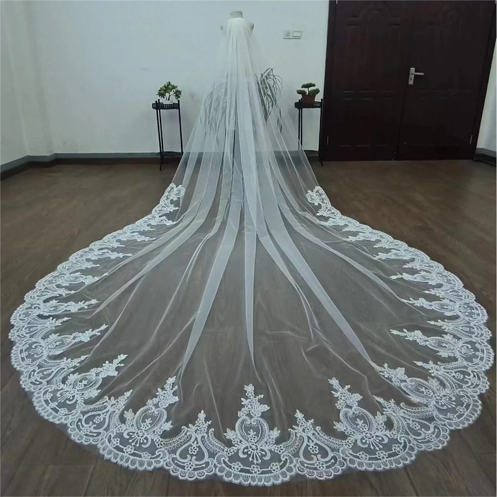 

Real Photos Long Lace Appliques Wedding Veil White Ivory Cathedral 1 Layer Bridal Veil 3.5 Meters Bride Veil Wedding Accessories