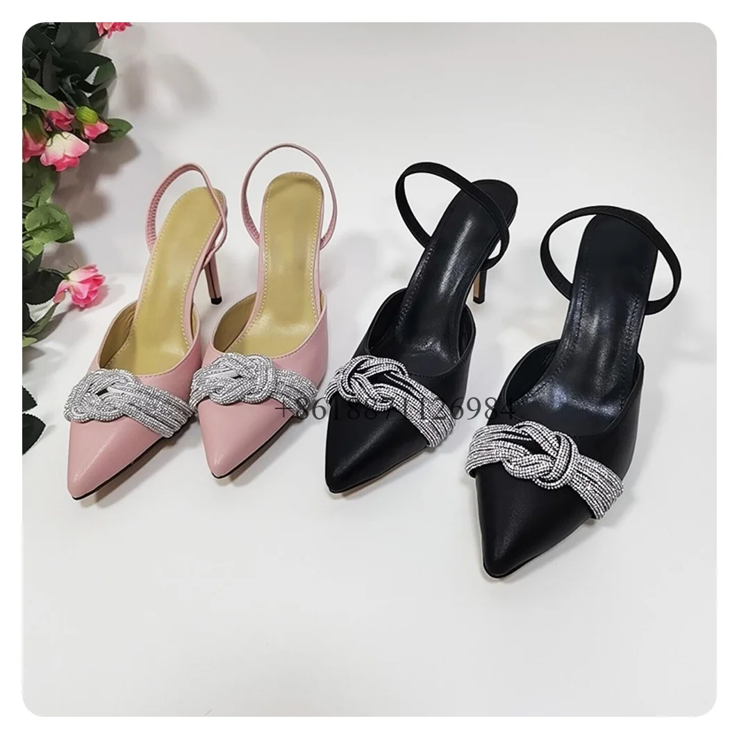 

Genuine Leather Pointed Toe Summer Women Sandals With Rhinestone Strip Stiletto High Heels Slip On Design Closed Toe Shoes