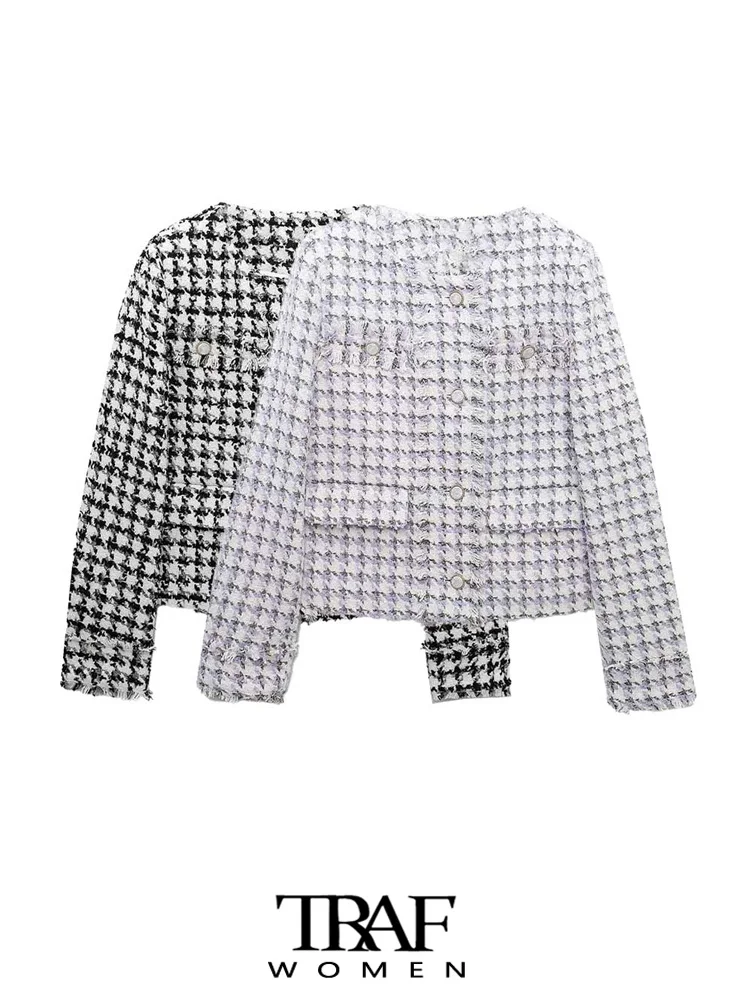 

TRAF Women Fashion With Frayed Trims Tweed Crop Jacket Coat Vintage Long Sleeve Front Button Female Outerwear Chic Tops