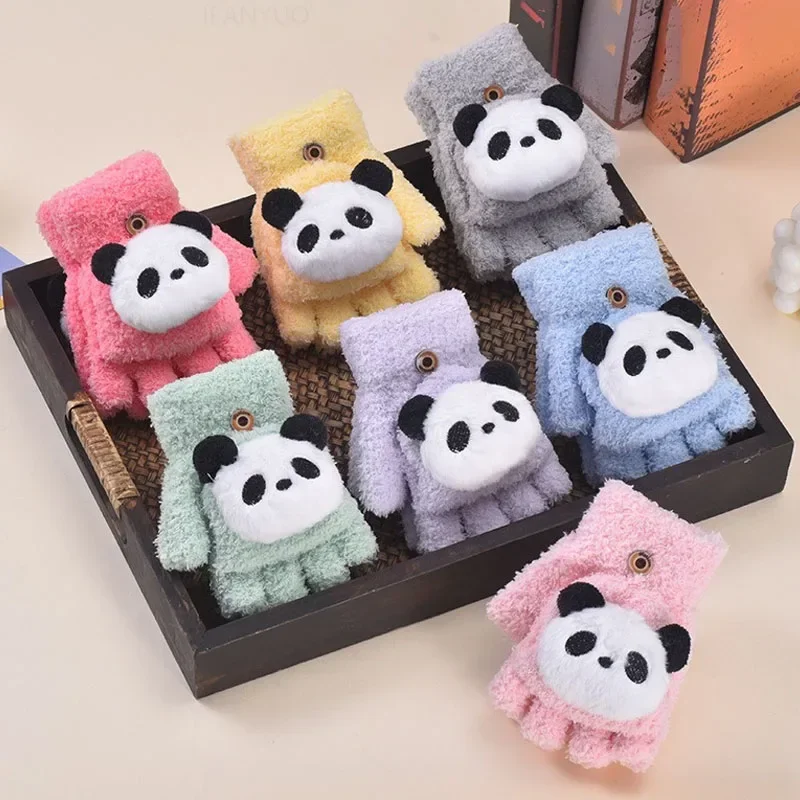 Cartoon Panda Cute Half Finger Children Gloves for Winter 6-14Y winter gloves