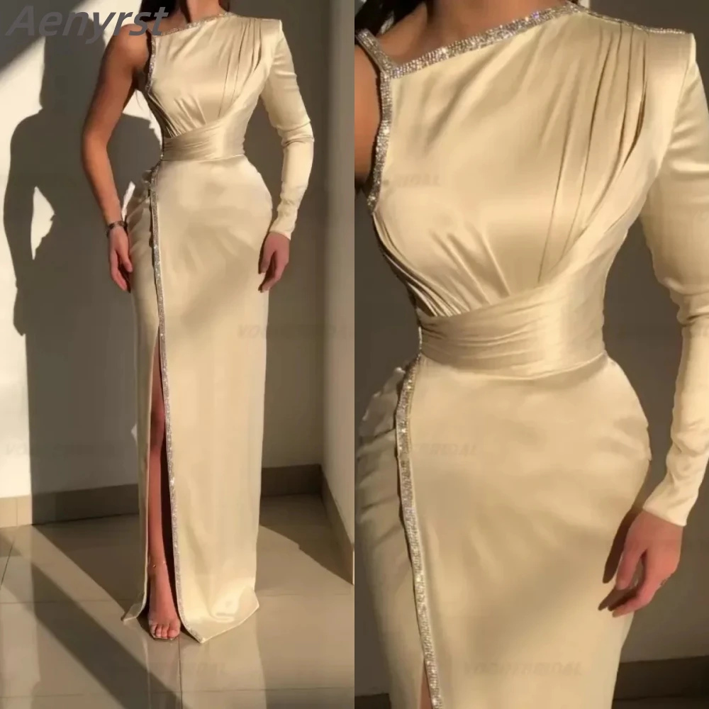 One-Shoulder Beaded Chiffon Long Sleeve Gown Champagne