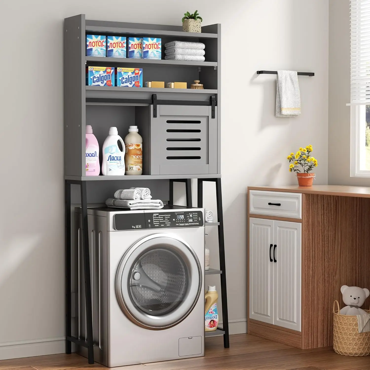 Over Toilet Storage Cabinet. Sliding Doors. Adjustable Shelf. Anti-Tip Device. Gray. For Bathroom.