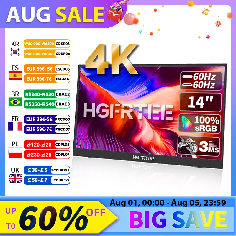 HGFRTEE 14インチ 4K モバイルモニター HGFRTEE 14 インチ 4K ポータブルモニター 3840*2160 100%SRGB