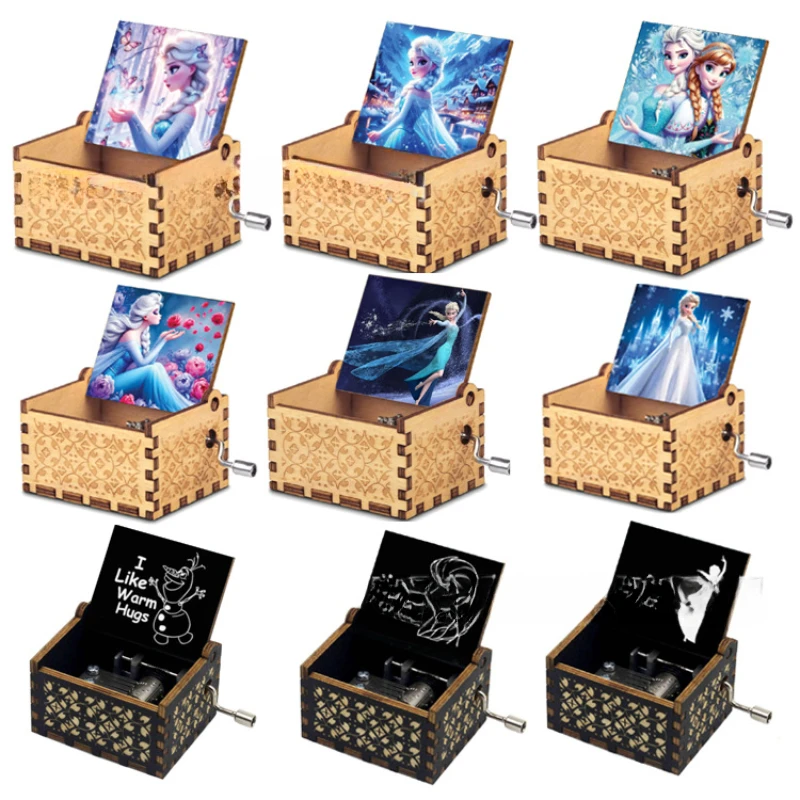 Wooden music box ornament Classical engraving hand crank Princess Elsa music box Frozen