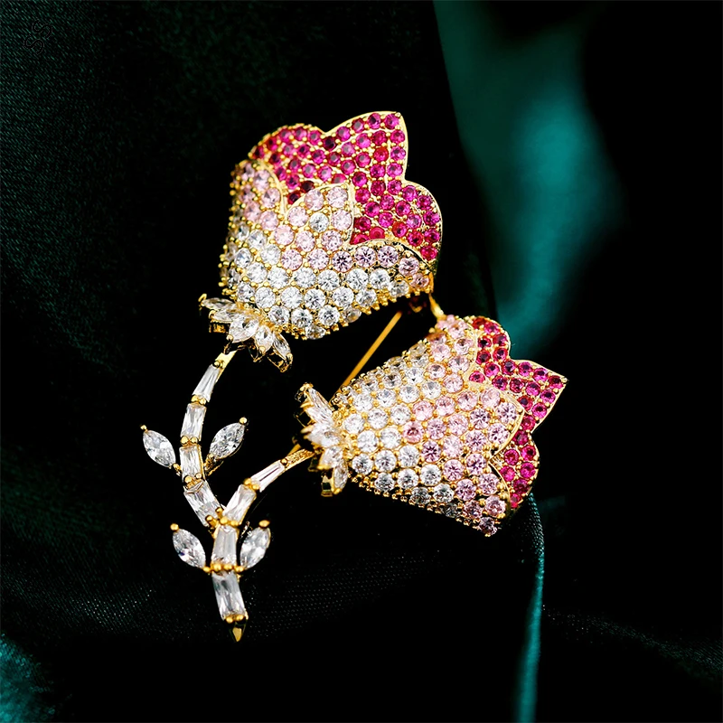 Double Trumpet Flower Design Women Brooch Copper Inlaid Gemstone Zircon Corsage Lady Elegant Fashion Apparel Accessories