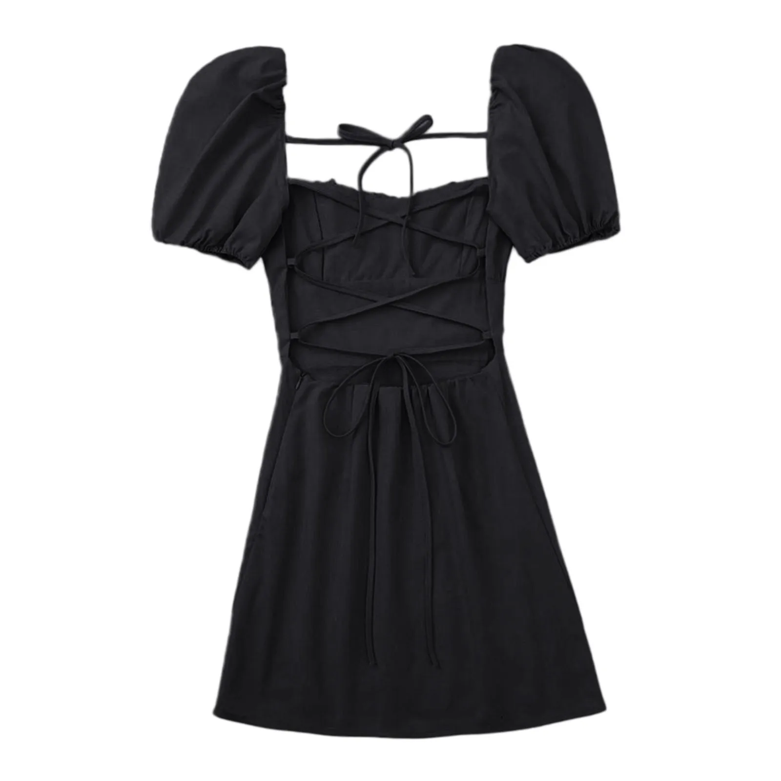 

Women Puff Sleeve Dress Square Collar Criss Cross Lace Up Backless Sexy Mini Dresses Solid Color Summer Party Slim Fit Sundress