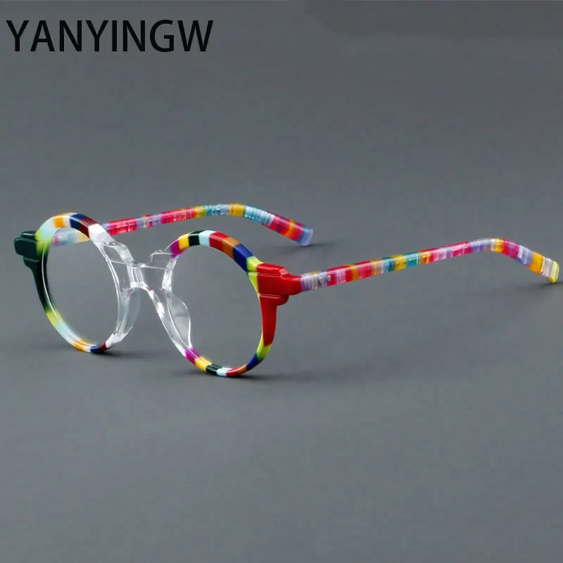 

Vintage Color Stripes Acetate Eyeglass Frames Women Men Fashion Round Spectacles Frame Trend Myopia Glasses