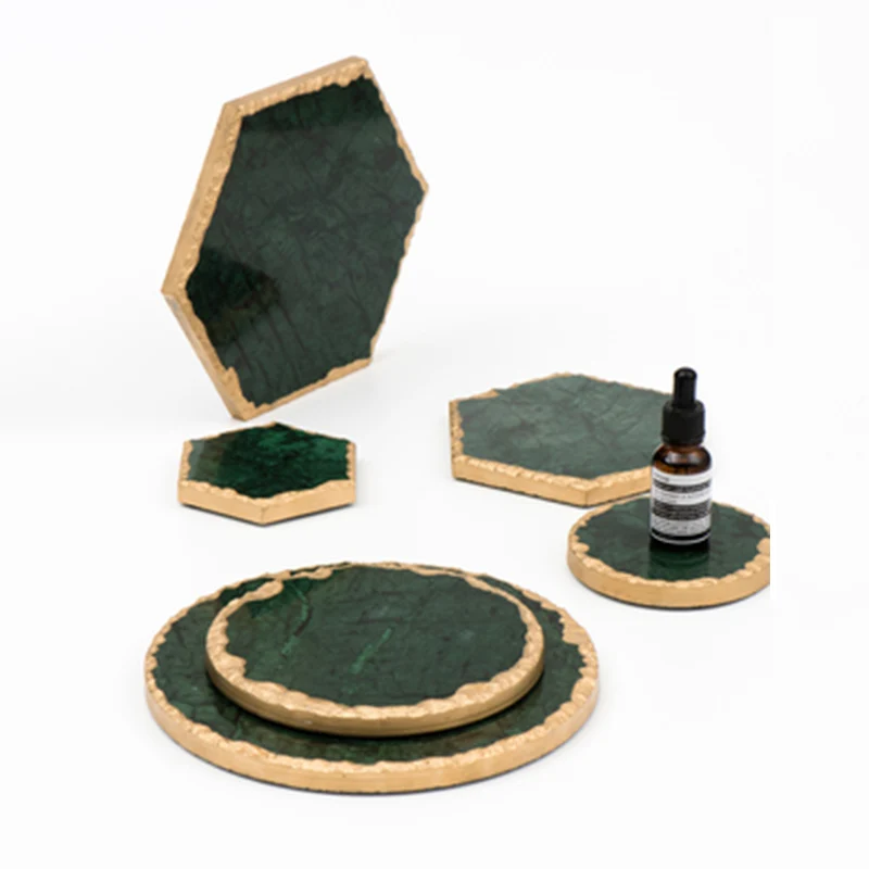 European Natural Marble Golden Stroke Cake Trays Jewelry Cosmetic Storage Tray Dessert Plate Coffee Coaster