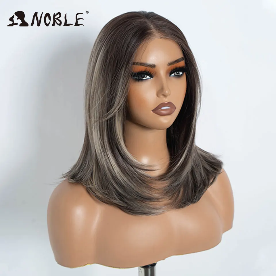 Noble Synthetic Lace Front Wig 13X3 Lace Free Part Pre Plucked Bob Wig 16" Straight Layered Ombre Grey Front Lace Wigs For Women