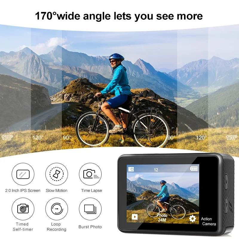 레가톤 액션 카메라 4K 30FPS 24MP WiFi 170 ° 광각 렌즈 듀얼 스크린 디스플레이 비디오 카메라 30M 방수 카메라