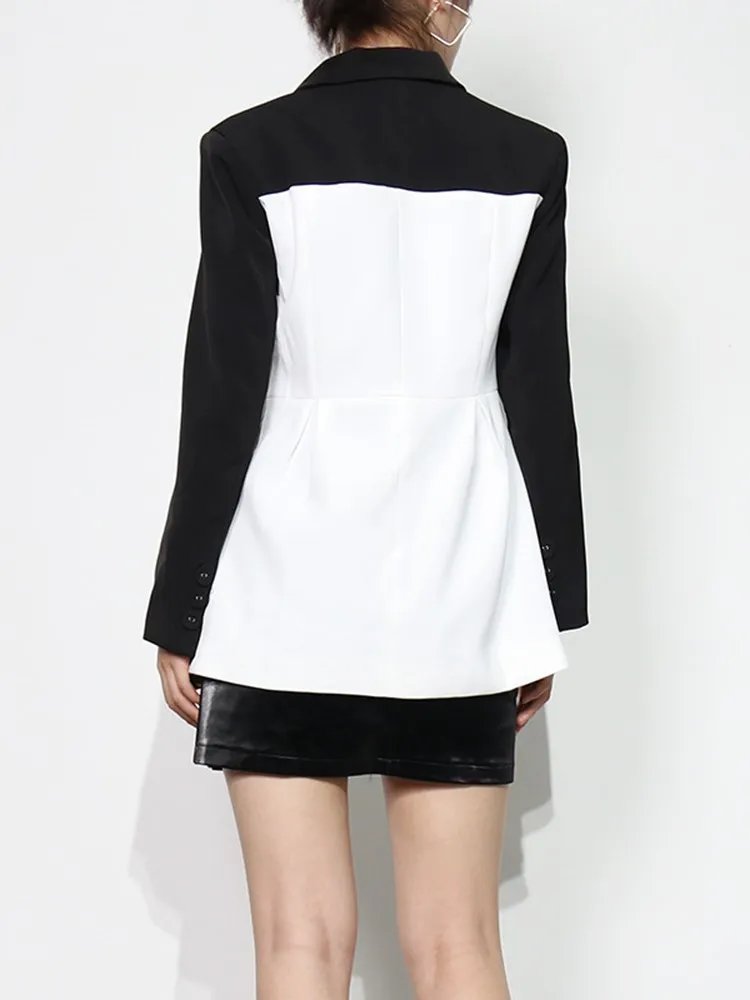 KBQ Hit Color Spliced Button Blazer For Women Notched Collar Long Sleeve Tunic Folds Casual Blazers Female Autumn Fashion New