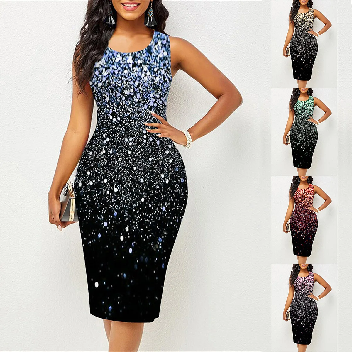 

ELIJOIN2023 European and American starry sky fashion print round neck sleeveless vest evening dress female