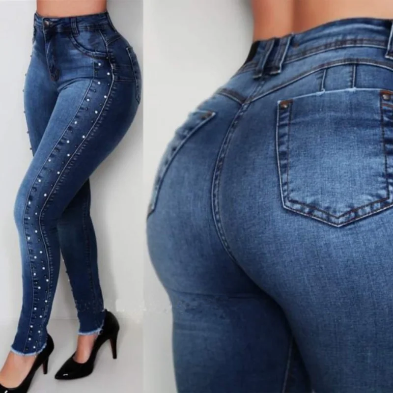 South American high-rise spike diamond beads push up hip lift high stretch women's leggings shascullfites push up jeans with lifting effect high rise stretch jeans light blue jeggings woman elastic butt shaping leggins