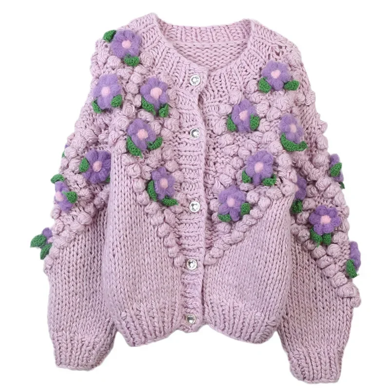 

Casual Loose Thick Warm Winter Long Sleeve Sweater Vintage Crochet Floral Hand Woven Knitted Cardigan Sweaters for Women