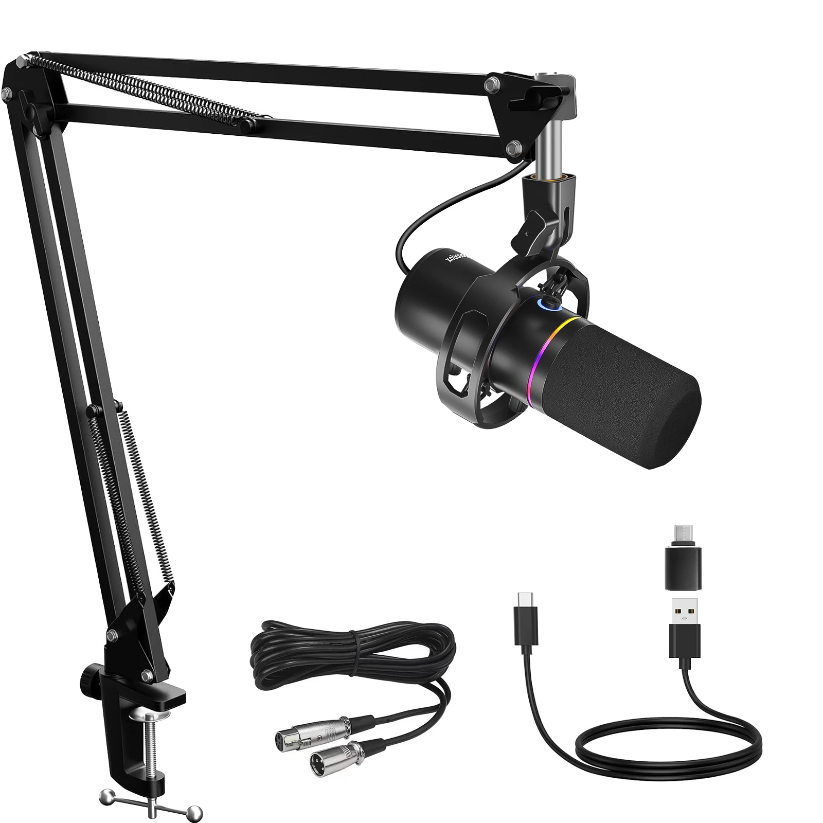 Dynamisches XLR/USB-Mikrofon-Set, PC-Mikrofon für Streaming, Podcasting, Gaming, RGB, Stummschaltung und Geräuschunterdrückung, Lautstärke