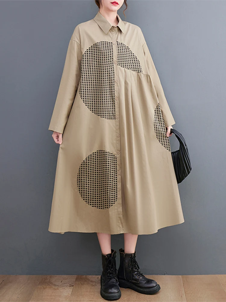 Long Sleeve Oversized Vintage Print Shirt Dresses For Women Loose Casual Long Dress Fashion