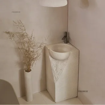 ญี่ปุ่น Wabi-sabi Pedestal Sinks ครีมสไตล์ Designer อ่างล้างหน้า Creative Face Sink จากพื้นจรดเพดานแบบบูรณาการ Art Stone อ่างล้างหน้า 1