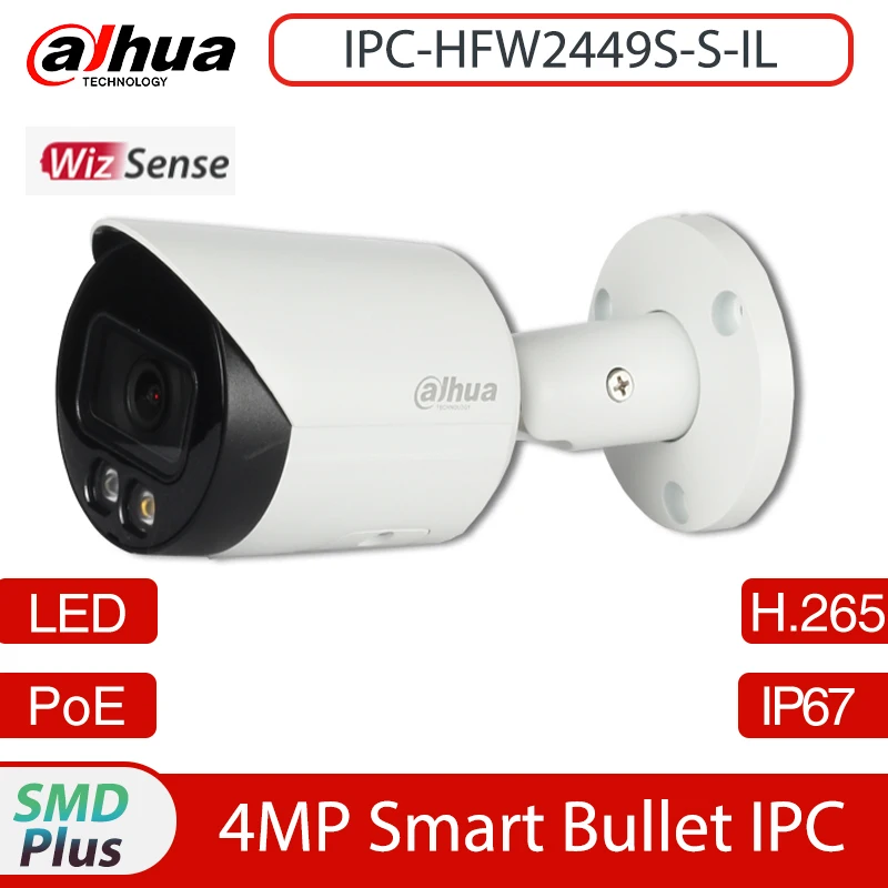 

Dahua IPC-HFW2449S-S-IL 4MP H.265 Smart Full-color Dual Light IR30m Bullet PoE WizSense Network Camera IP67 built in MIC SD Card