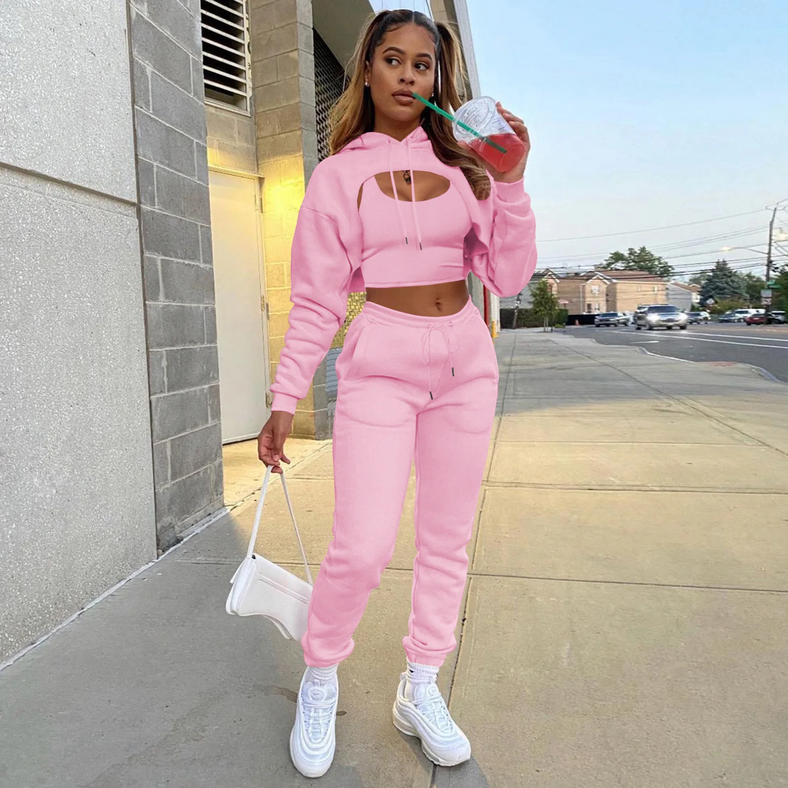 3 Pieces Jogger Cropped Sweatshirt Hoodies Sets Solid Crop Top Hoodie Vest  Wtih Sweat Pants Women Fall Tracksuit Clothes