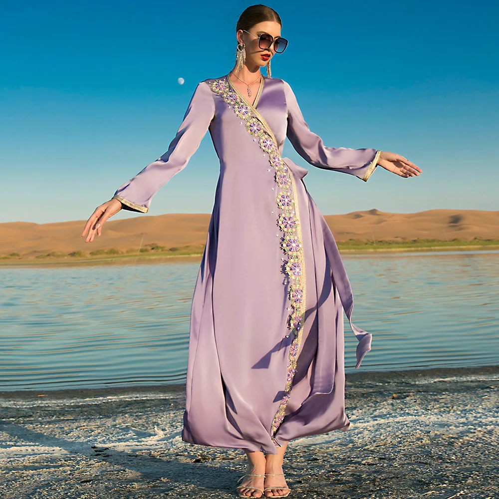 

Ramadan Eid Mubarak Women Muslim Abaya Purple Rhinestone Islamic Arabic Clothing Dubai Kaftan Long Maxi Dress Evening Party Gown