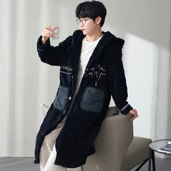 Winter House Thicken Flannel Men's Long Bathrobe Fashion Hooded Cartoon Dog Embroidery Man Shower Comfortable Sleepwear Robe