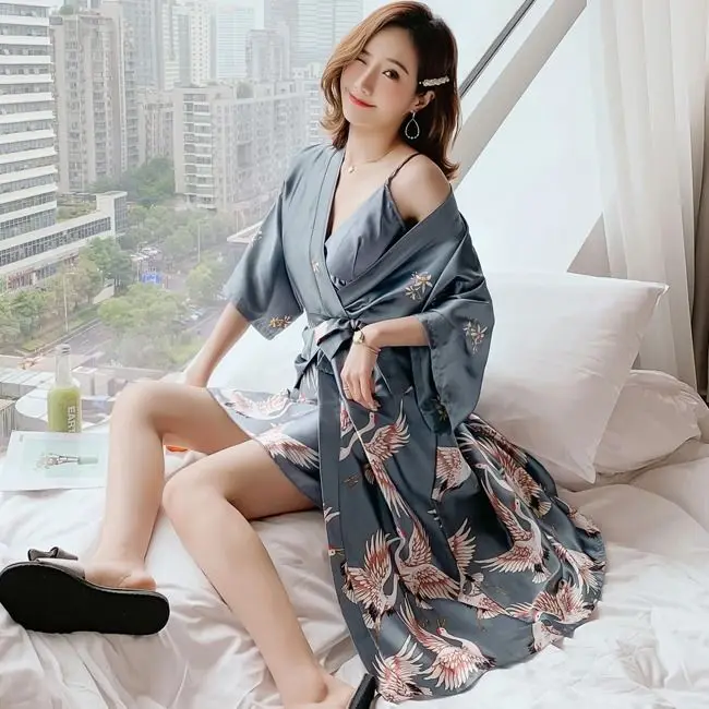 2pcs Women's Nightgowns Ice Silk Sexy Nightdress Sling Dress Home Dressing Gowns Spring Autumn Robe Sleepwear Nightwear Pajamas