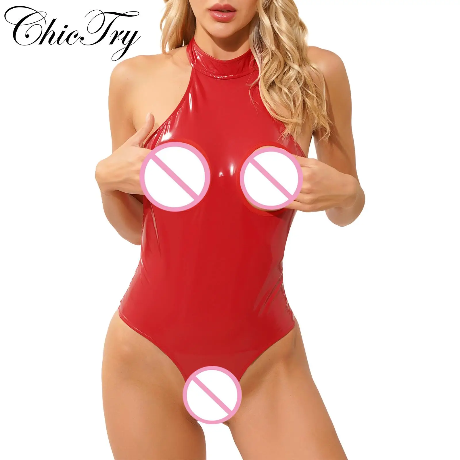 

Women Wetlook Sexy Bodysuit Cutout Exotic Teddies Patent Leather Catsuit Backless Crotchless Clubwear Pole Dancing Party Leotard