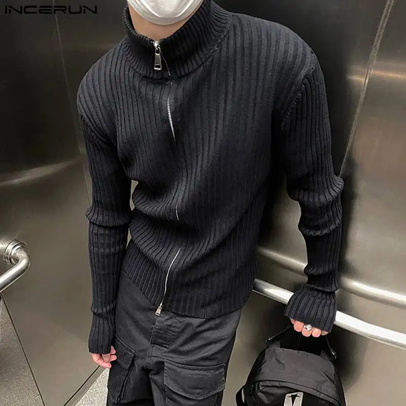 

INCERUN Tops 2023 Korean Style Men's Double Zipper Knitted Sweater Autumn/Winter Leisure Street Solid Long Sleeve Pullover S-5XL