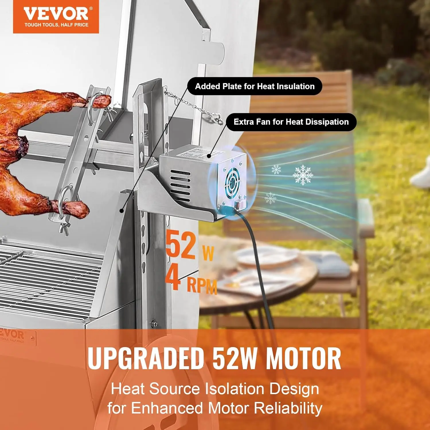 Grill with Hooded Cover Roaster, 46 Inch 198Lbs Capacity, BBQ Outdoor Pig Lamb Rotisserie Roaster, Electric 52W Motor Stainless 2
