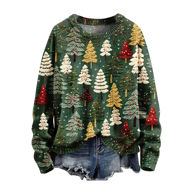 Women 3D Christmas Tree Print Round Neck Knit Pullover Long Sleeve Knitted Sweater Streetwear Sweaters Autumn Winter Casual Top 6