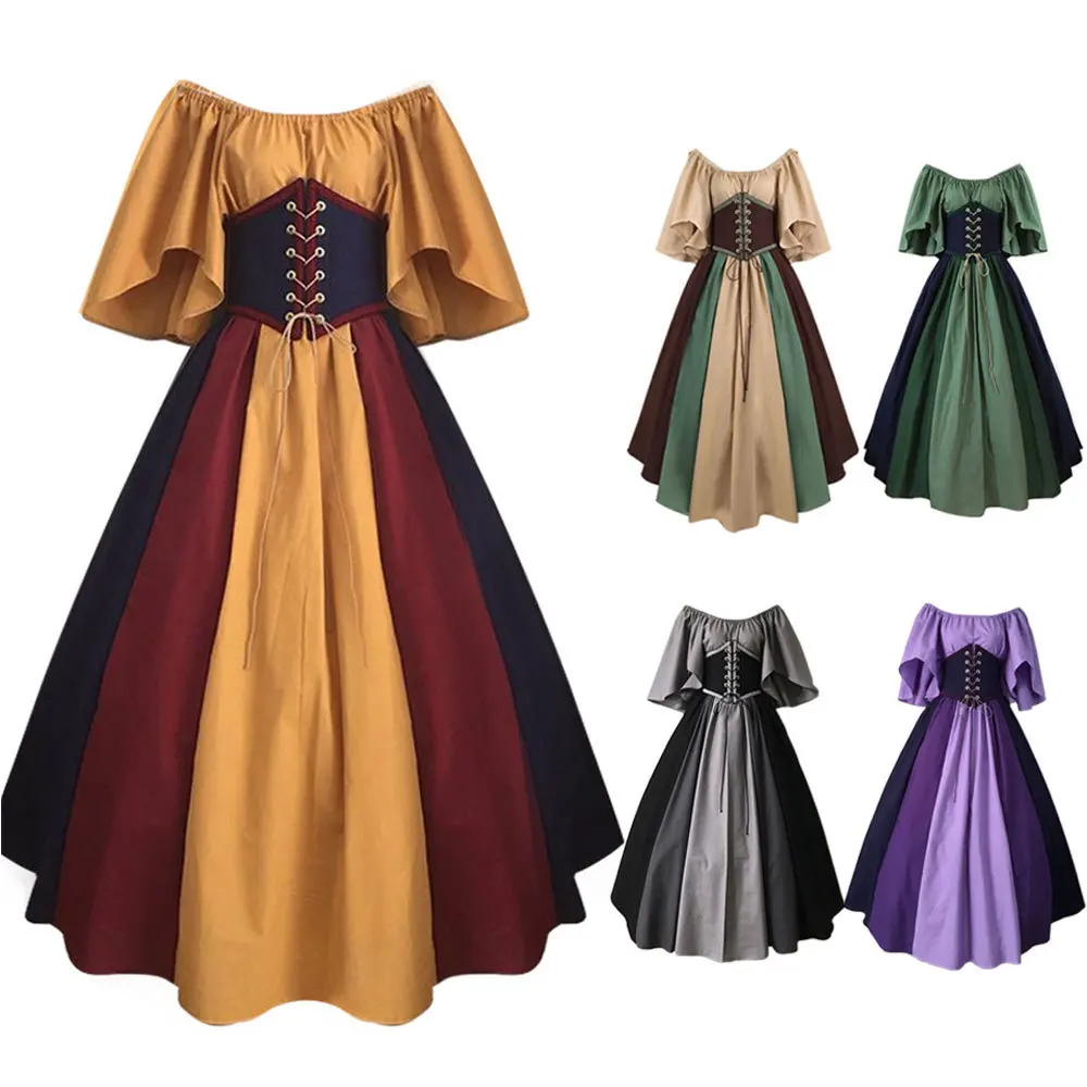 Halloween Costumes European Medieval Retro Contrast Color Stitching Flying Sleeves Court Fancy Vintage Queen Elegant Dress