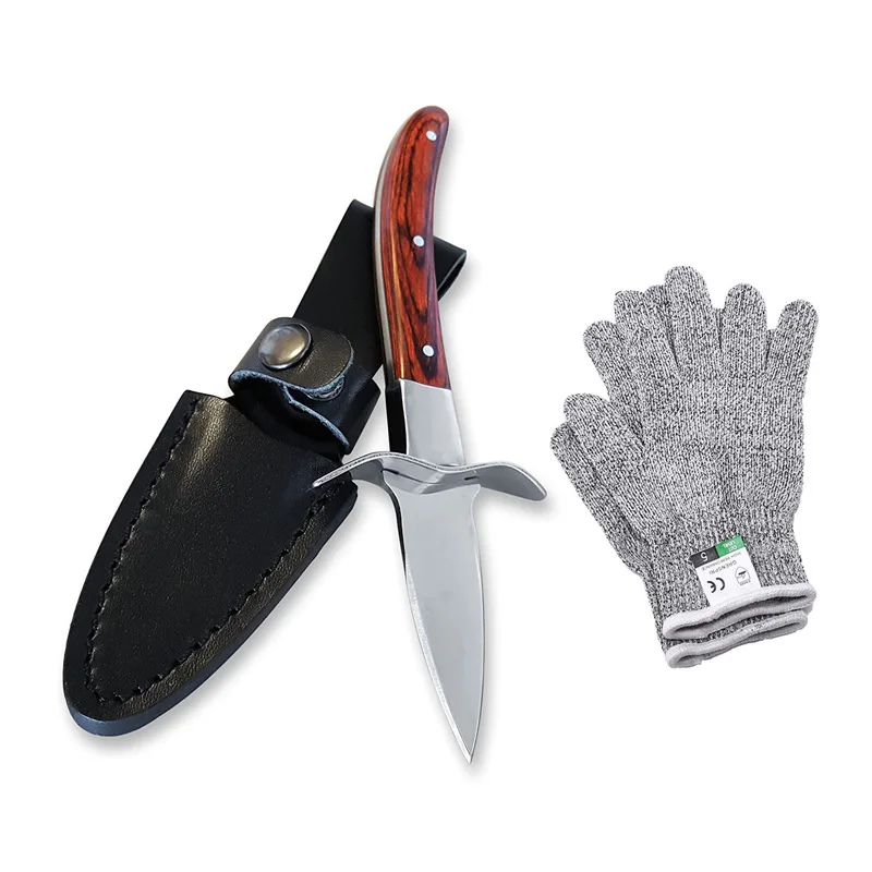 

Oyster Shucking Tools Stainless Steel with Wooden Non-Slip Handle Leather Sheath and Resistant Gloves Kitchen Seafood Gadgets