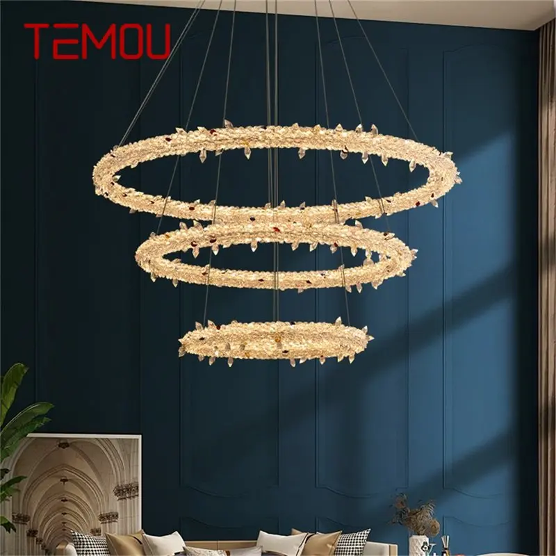 

TEMOU Modern Pendant Lamp Round Rings Gold LED Fixtures Crystal Chandelier Decorative For Hotel Living Dining Room Light