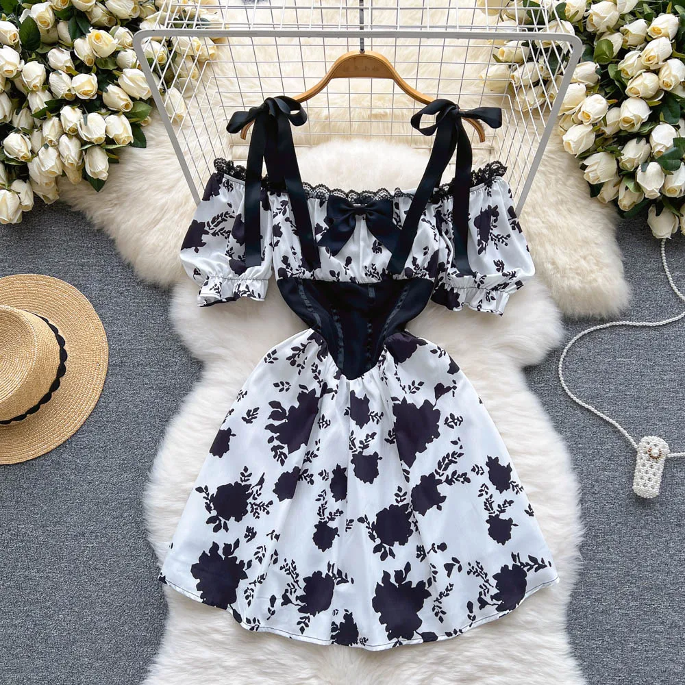 

Women Dress Summer Fashion Suspenders Puff Sleeve Waist Print A-line Mini Short Dresses Women Clothing