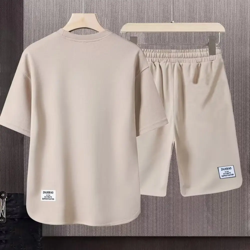 

2 Pcs/Set Sportswear T-shirt Shorts Set Loose Round Neck Drawstring Elastic Waist Ice Silk Retro Soft Men Sport Top Shorts Set