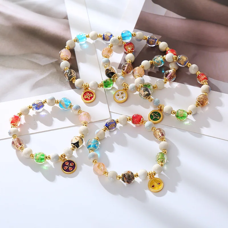 

New Antique Colored Glass Ceramic Bracelet Retro Cute String Jewelry for Women