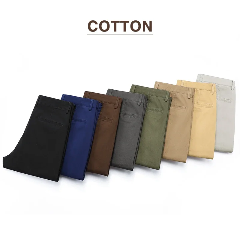 97% Cotton Men's Casual Pants Autumn Fashion Comfortable Elastic Slim Straight Business Trousers Black ArmyGreen Khaki 6