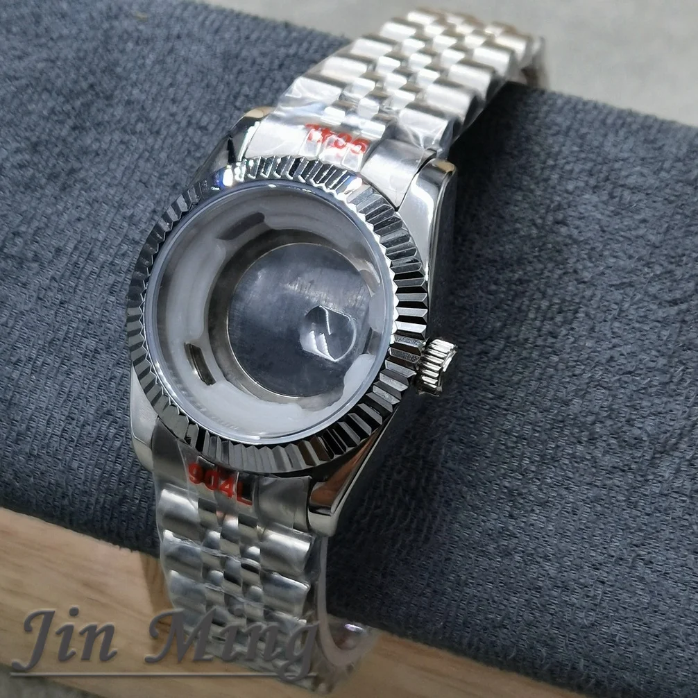 Silver Stainless Steel Watch Case with Polished Fluted Bezel and Sapphire Glass