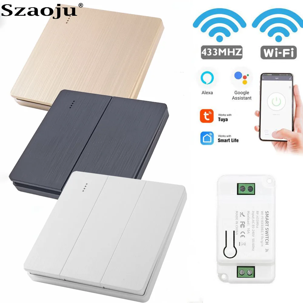 Interruptor de Luz Tuya Inteligente Wi-fi Botão Painel de Parede Transmissor Controle Remoto sem Fio Receptor de Relé Szaoju-rf433mhz